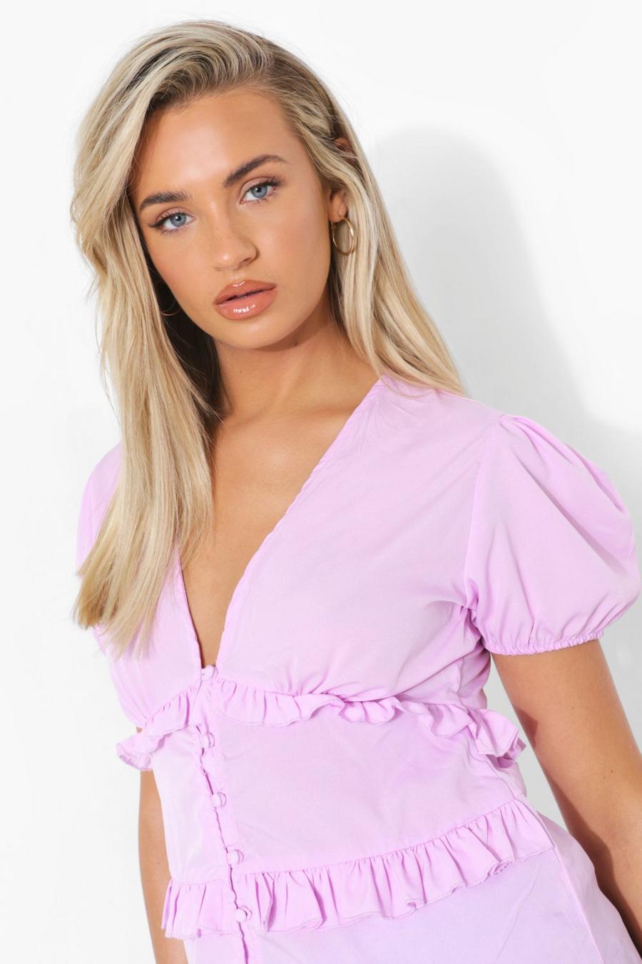 Lilac Woven Ruffle Off The Shoulder Crop Top image number 1