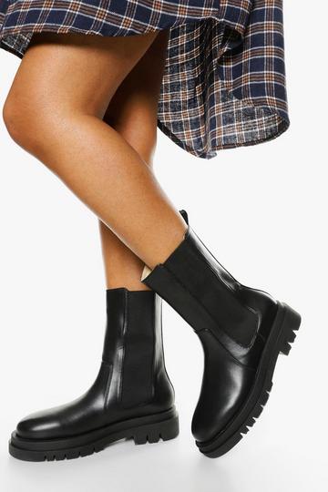 Wide Width Calf High Chunky Sole Chelsea Boots black