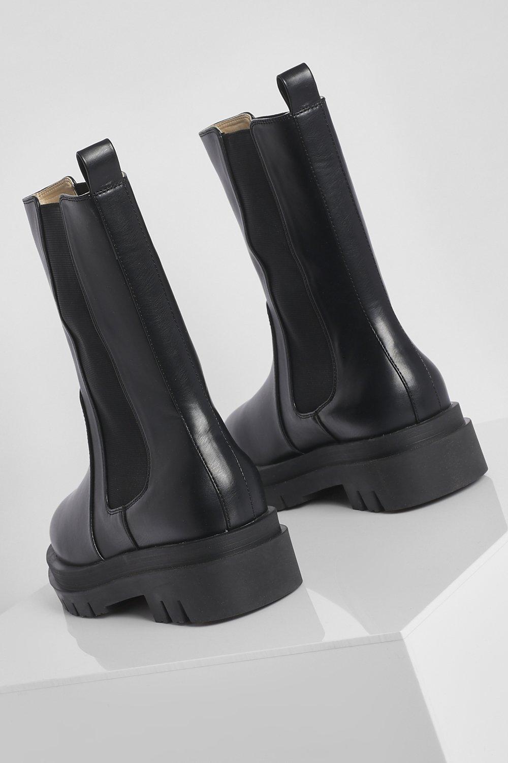 Wide Fit Calf High Chunky Sole Chelsea Boots