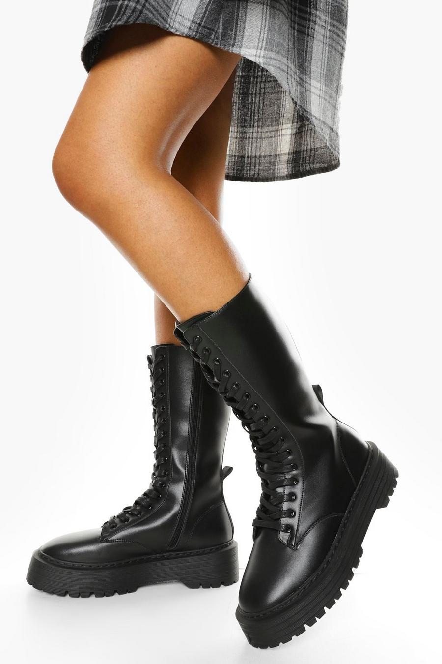 Black Wide Fit Lace Front Chunky Knee High Hiker Boots image number 1