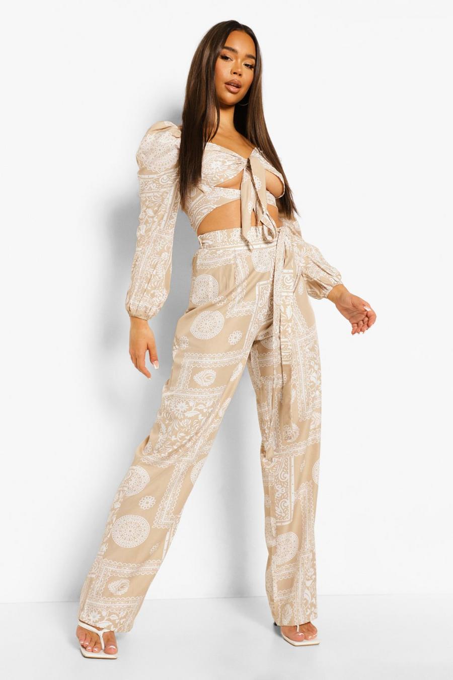 Stone beige Scarf Print Knot Top & Wide Leg Trousers