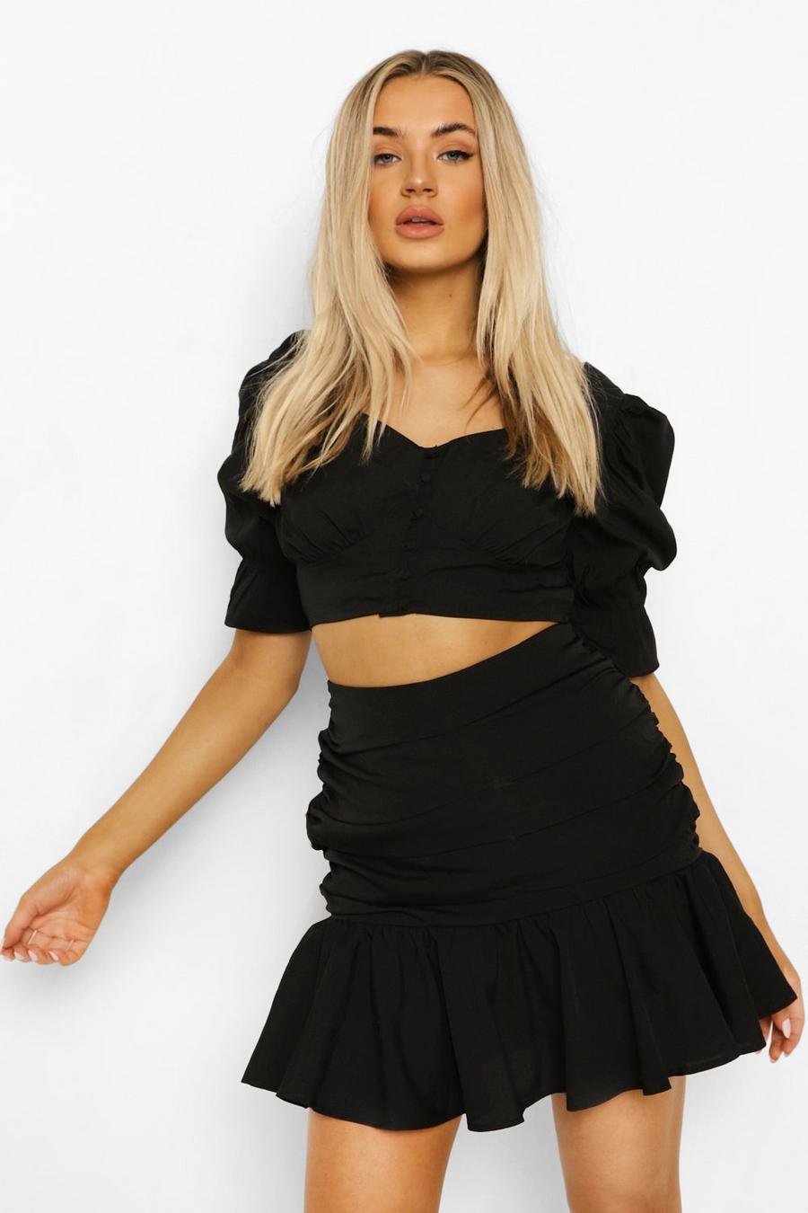 Black Puff Sleeve Top & Mini Skirt image number 1