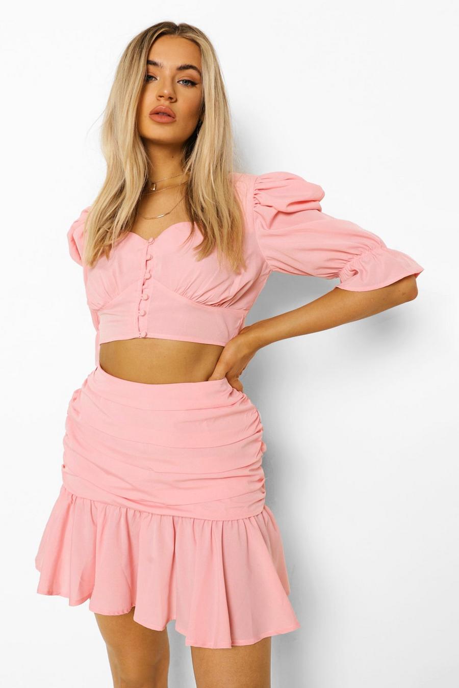 Candy pink Puff Sleeve Top & Mini Skirt image number 1