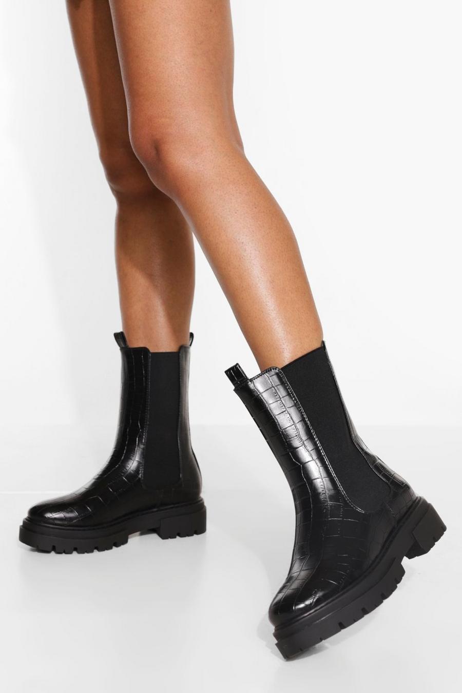 Black Wide Fit Croc Chunky Calf High Chelsea Boots image number 1