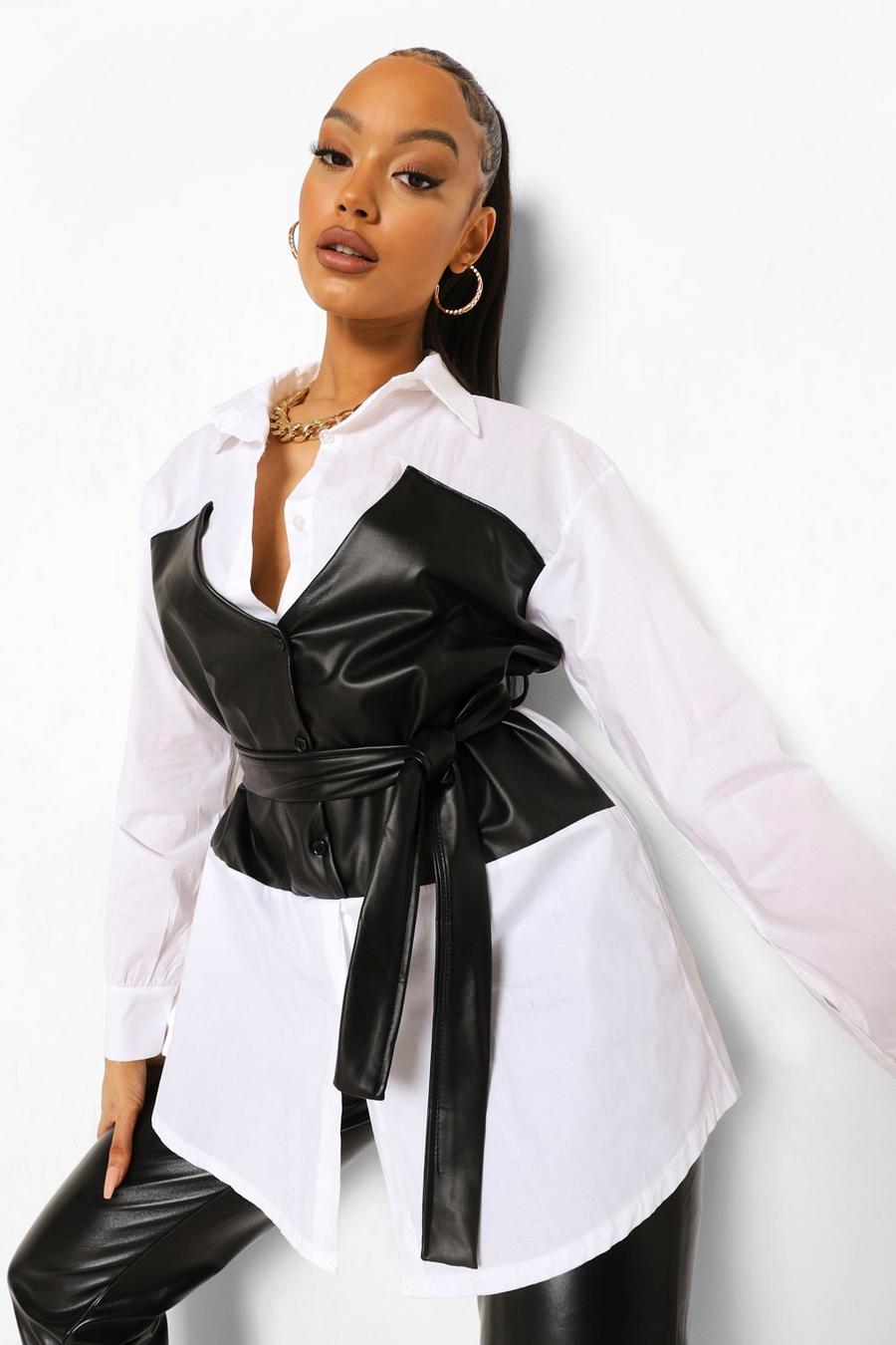 Camicia lunga con corsetto in pelle sintetica, Avorio image number 1
