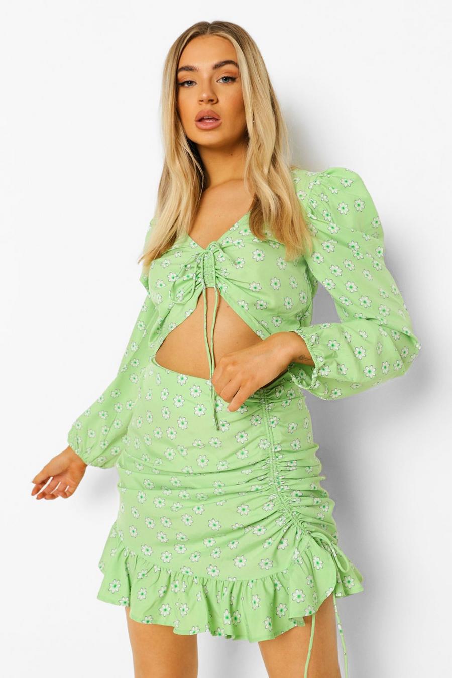 ירוק חצאית וטופ פרחוניים עם קפלים  image number 1