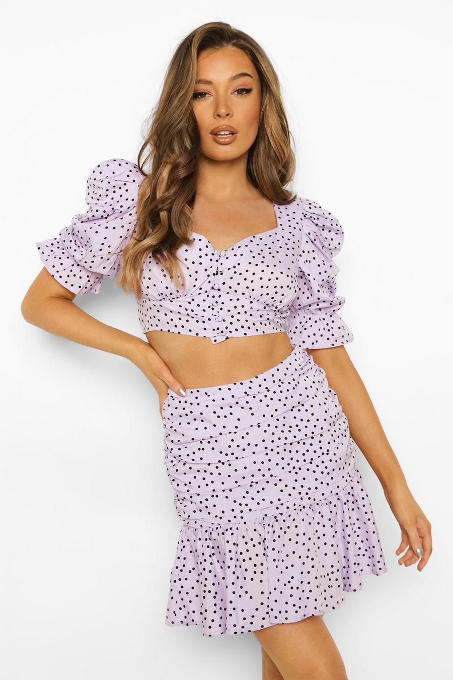 Lilac Polka Dot Puff Sleeve Top & Ruffle Mini image number 1