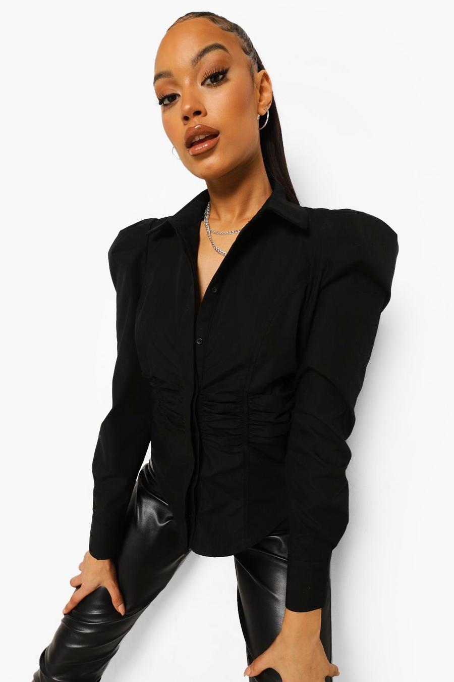Black Ruched Waist Fitted Shirt image number 1