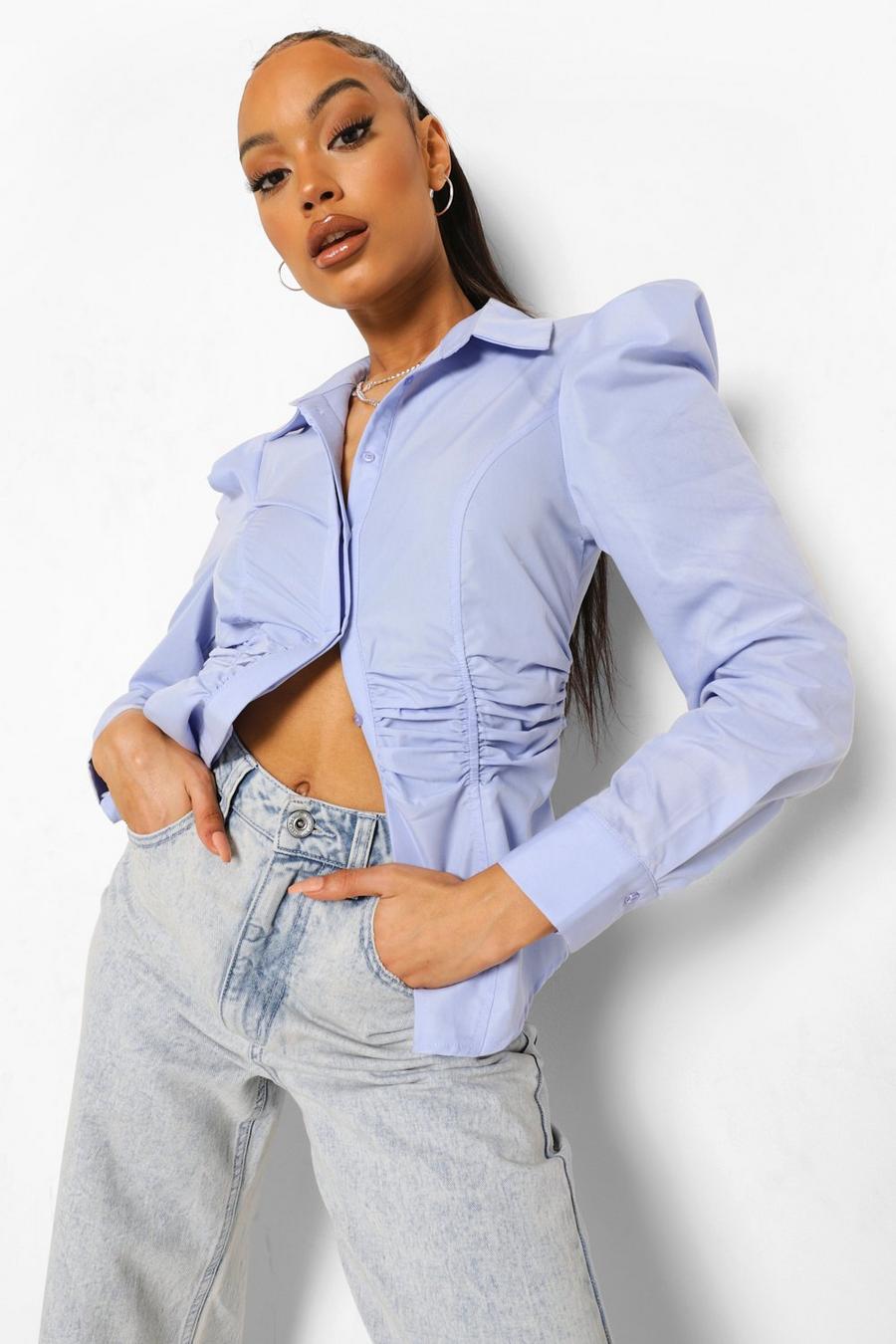 Powder blue Ruched Waist Fitted Shirt image number 1