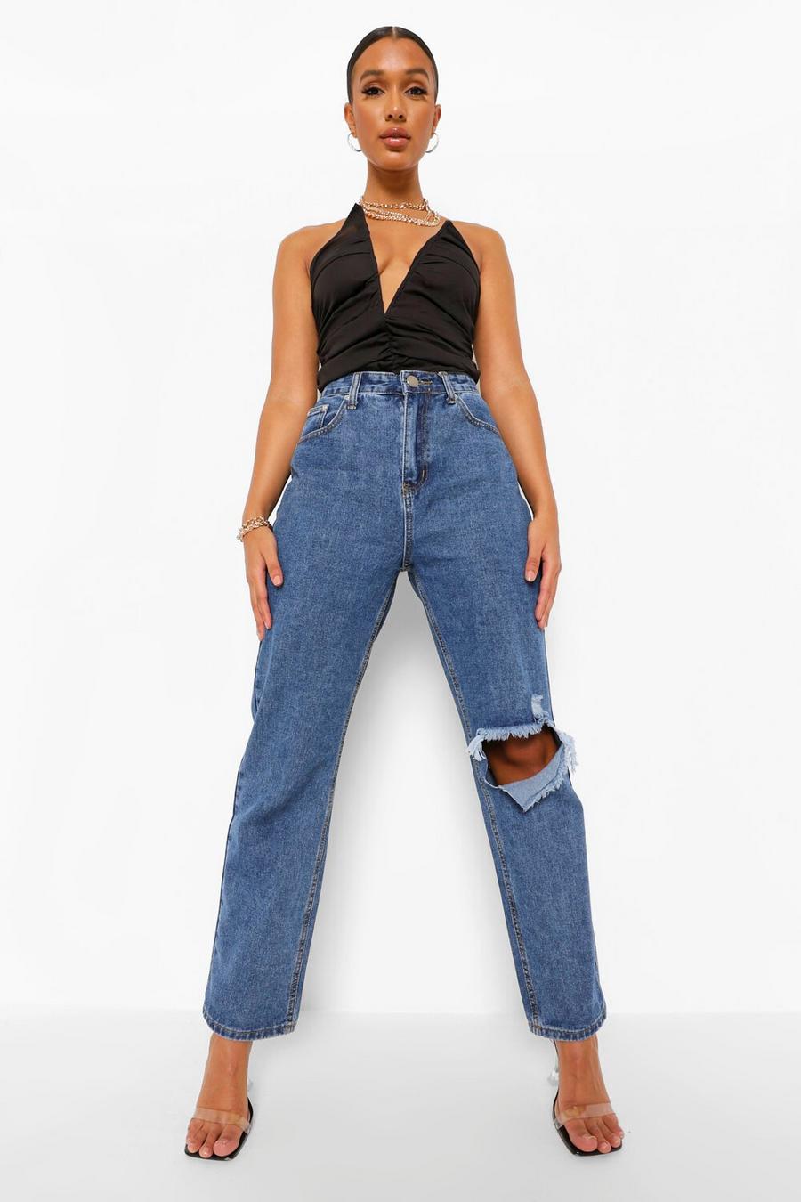 High-Waist Straight Leg Jeans in Relaxed Fit mit Rissen, Mittelblau image number 1