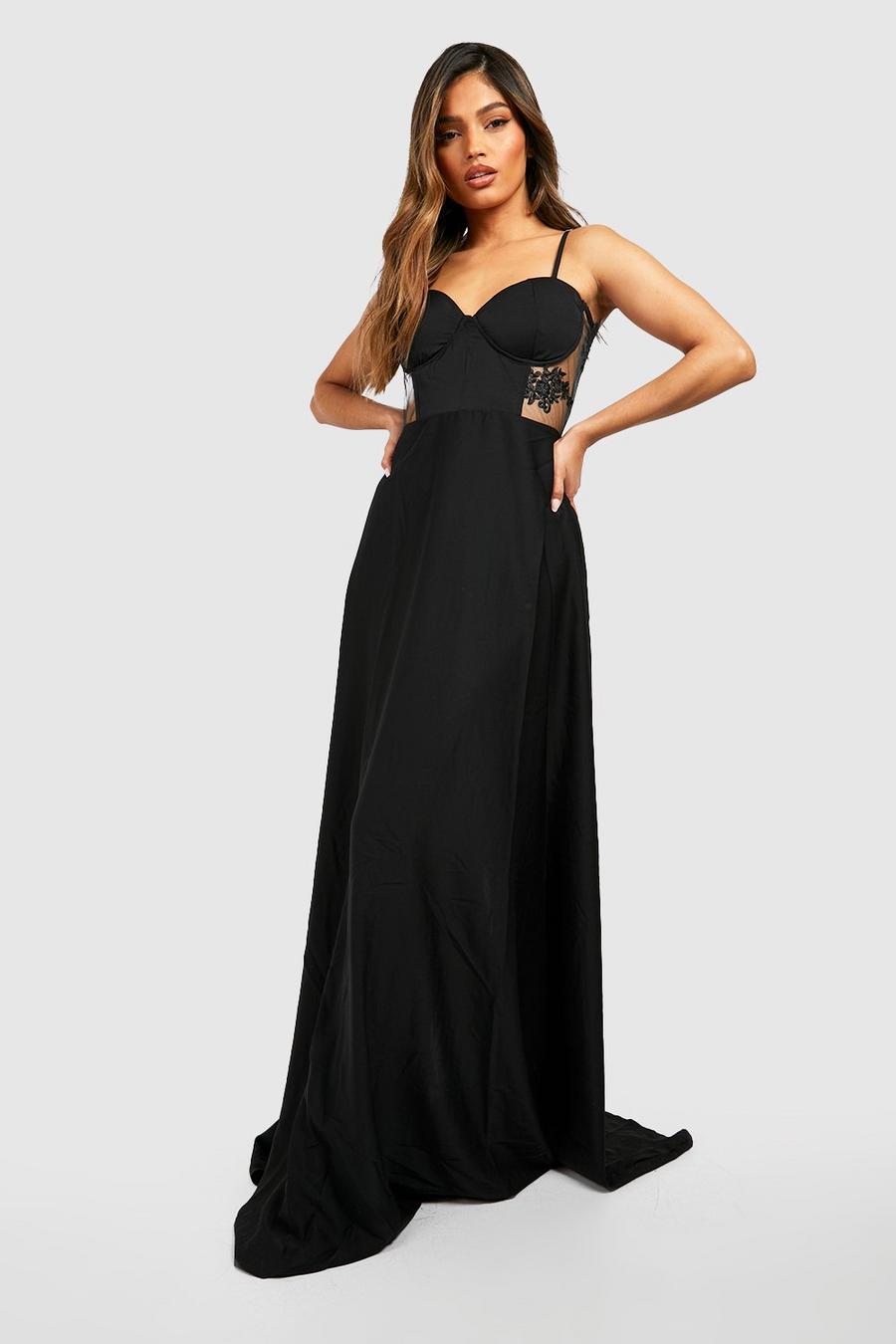 Black שמלת מקסי עם מחוך תחרה מנוגד image number 1