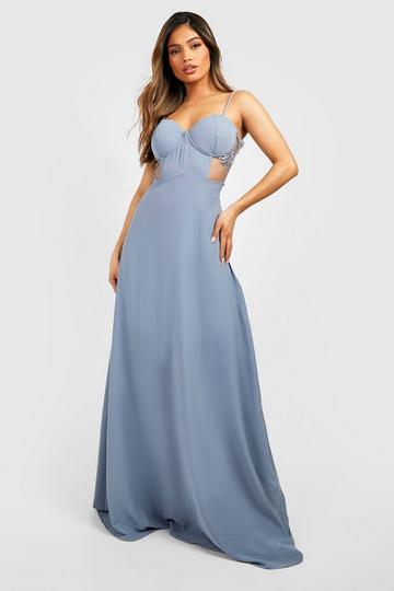 Robe corset longue à dentelle contrastée dusty blue