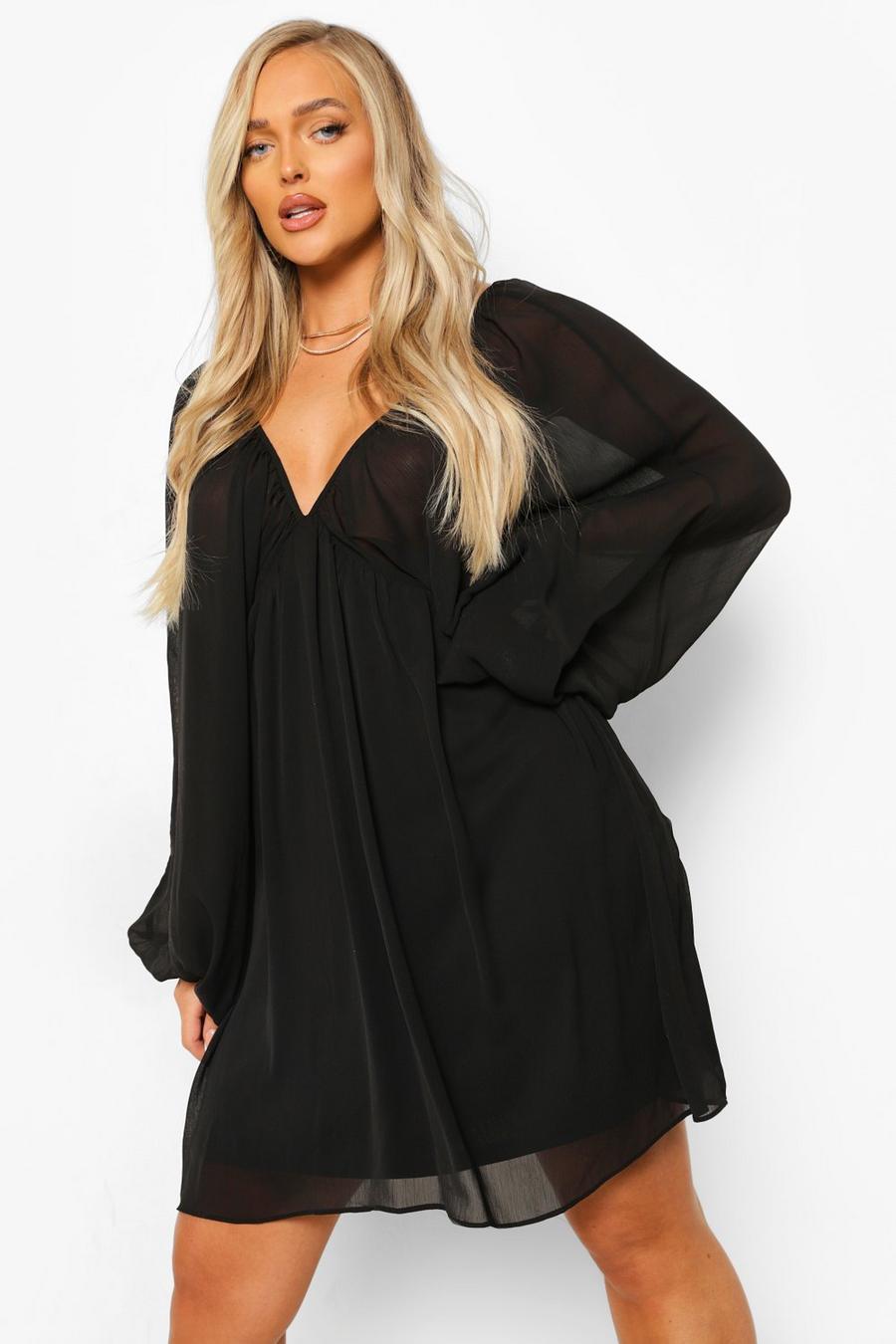 Black Balloon Sleeve Plunge Smock Dress image number 1