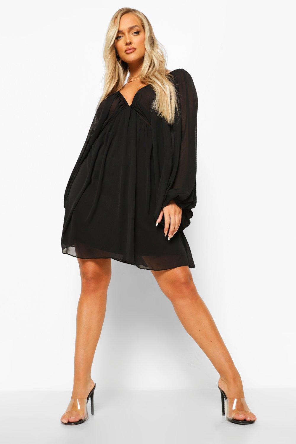 Women s Balloon Sleeve Plunge Smock Dress Boohoo UK