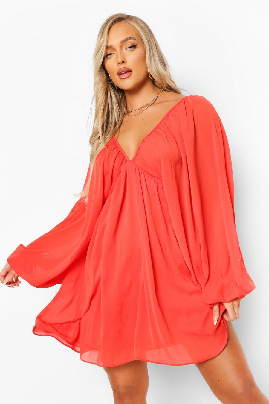 Red Balloon Sleeve Plunge Smock Dress image number 1