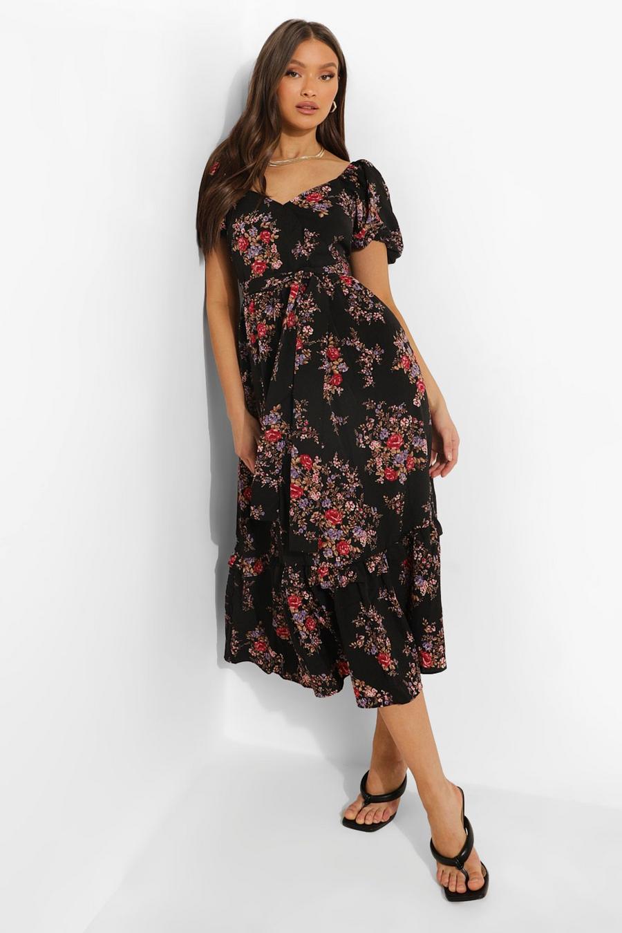 Black Floral Puff Sleeve Wrap Midaxi Dress image number 1