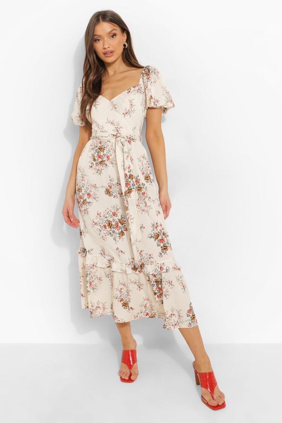 White Floral Puff Sleeve Wrap Midi Dress image number 1