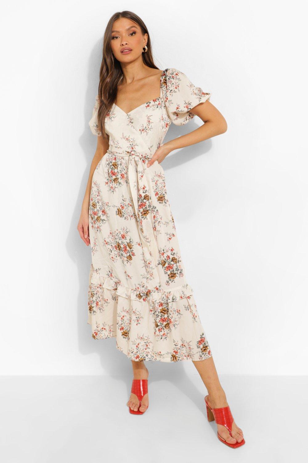 Floral Puff Sleeve Wrap Midi Dress