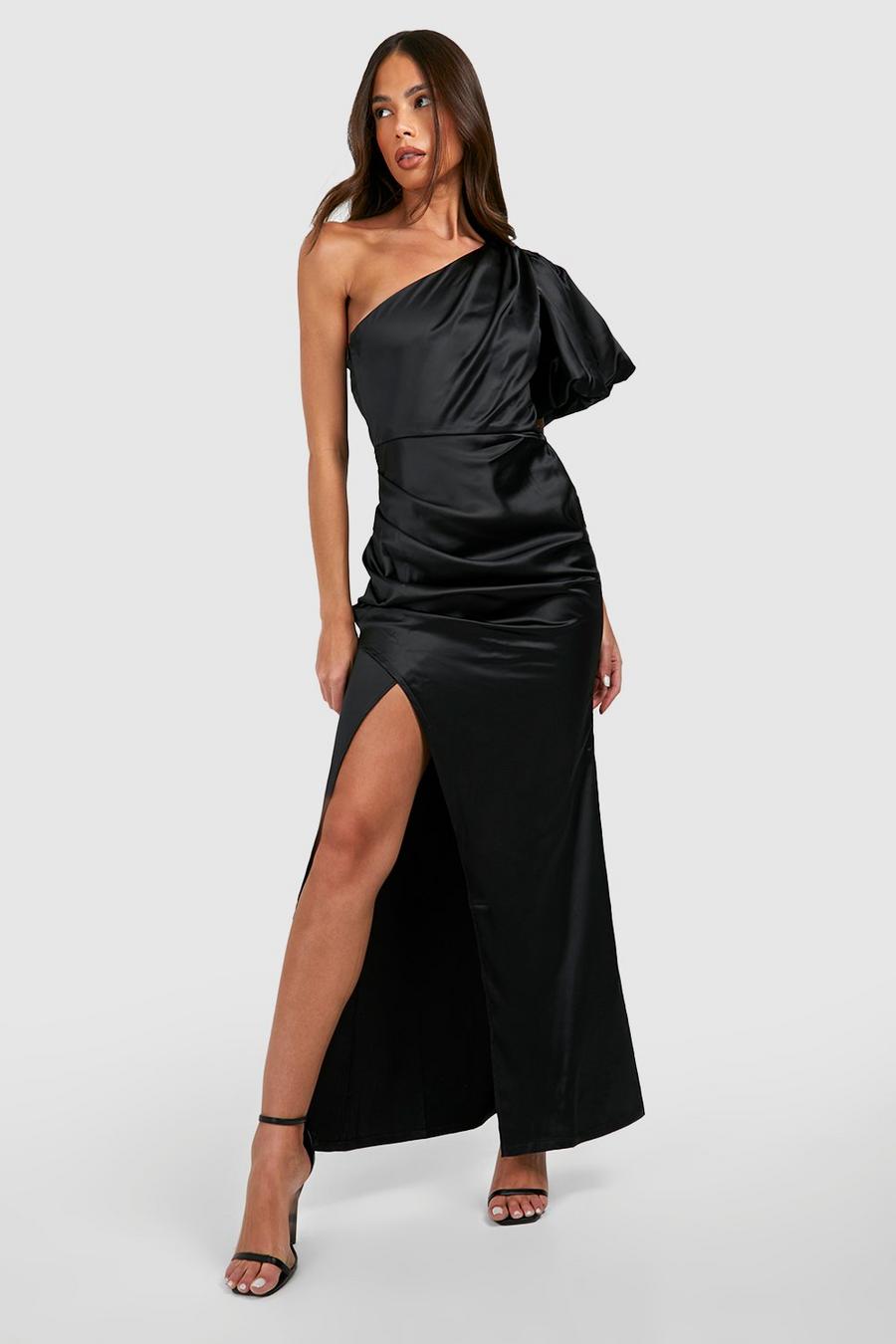 Black One shoulder-klänning med slits och puffärm image number 1