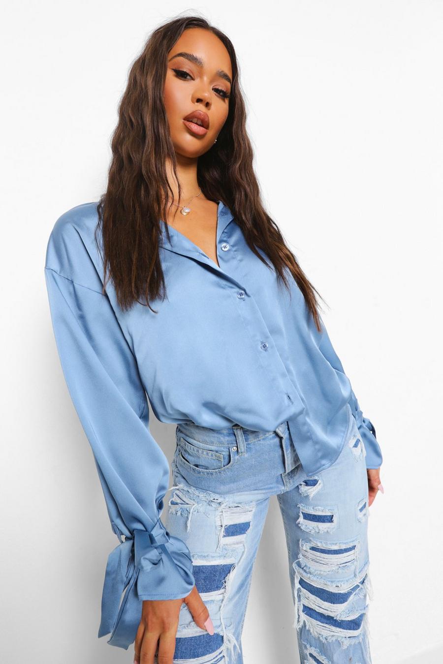 Dusty blue Tie Cuff Satin Oversized Shirt image number 1