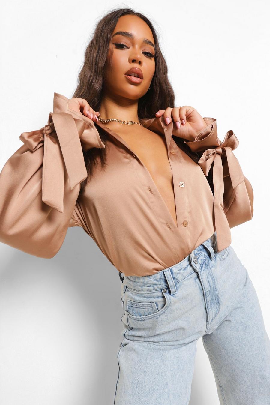 Nude Tie Cuff Satin Oversized Shirt image number 1