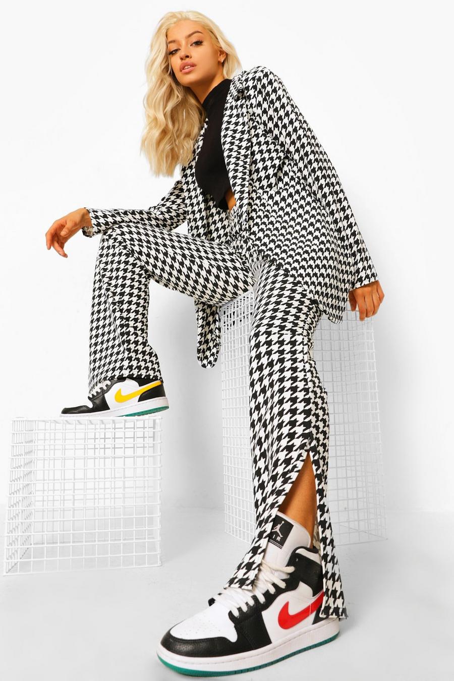 Black Dogtooth Check Split Front Trousers image number 1