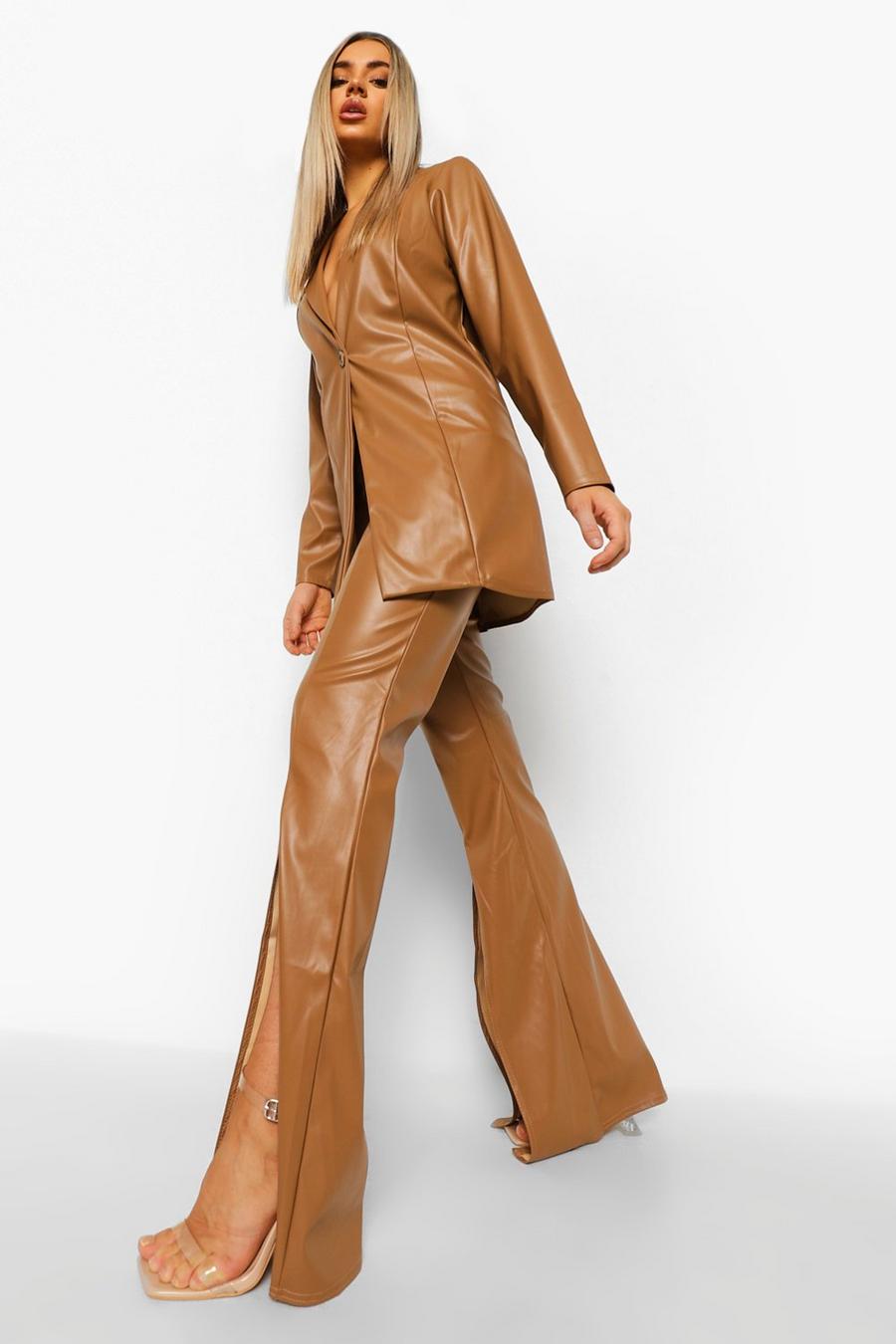 Caramel Leather Look Split Front Wide Leg Trousers image number 1