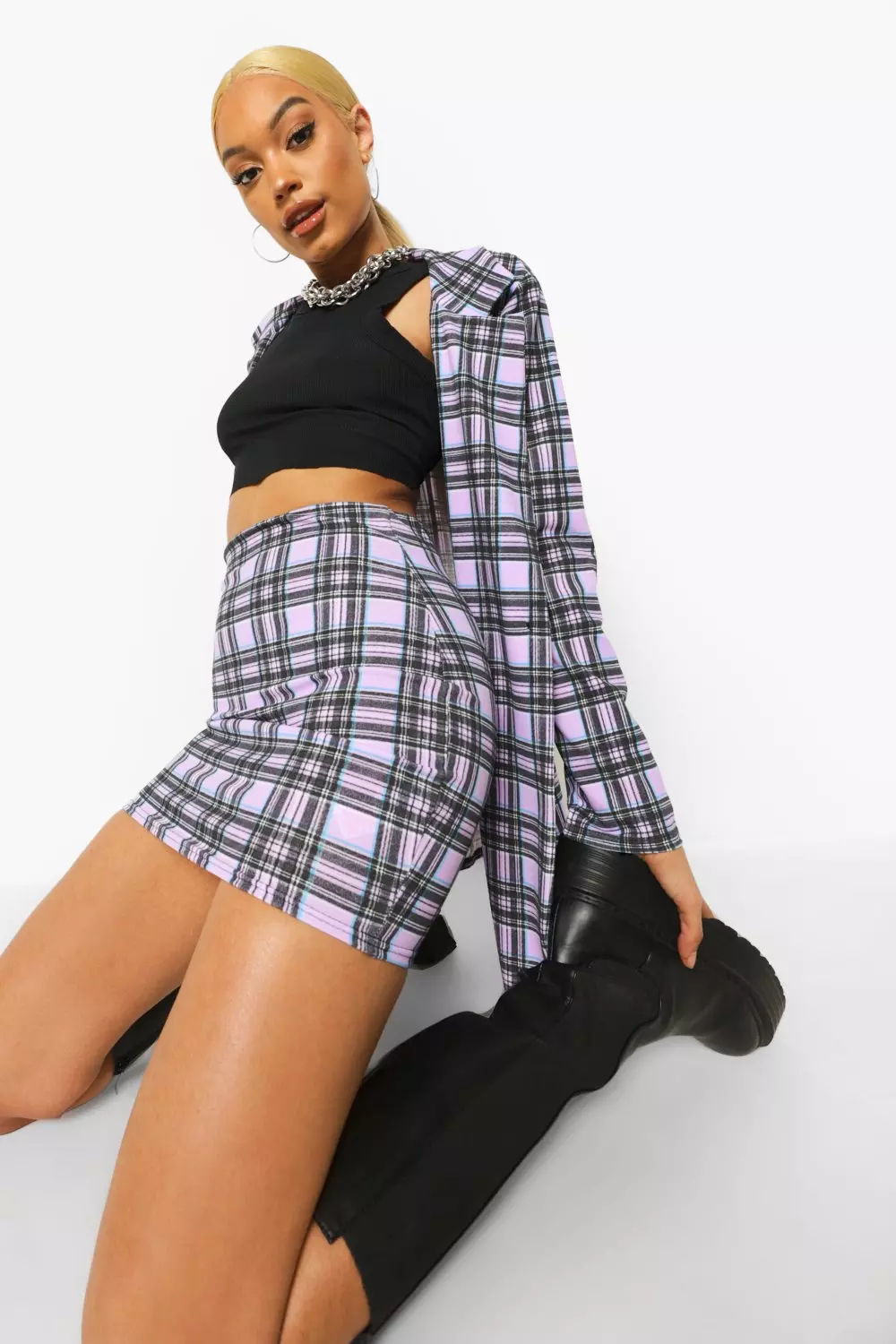 Checkered skirt and blazer set hotsell