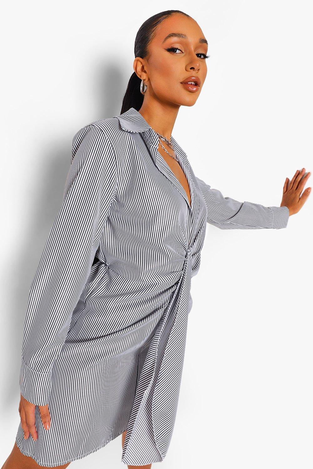 Robe chemise a rayures et n ud sur le devant boohoo FR