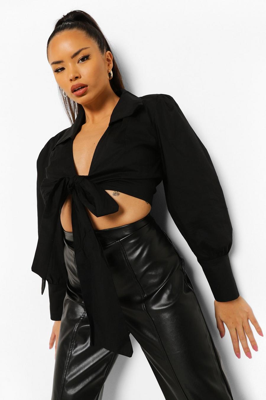 Black Tie Front Puff Sleeve Shirt image number 1