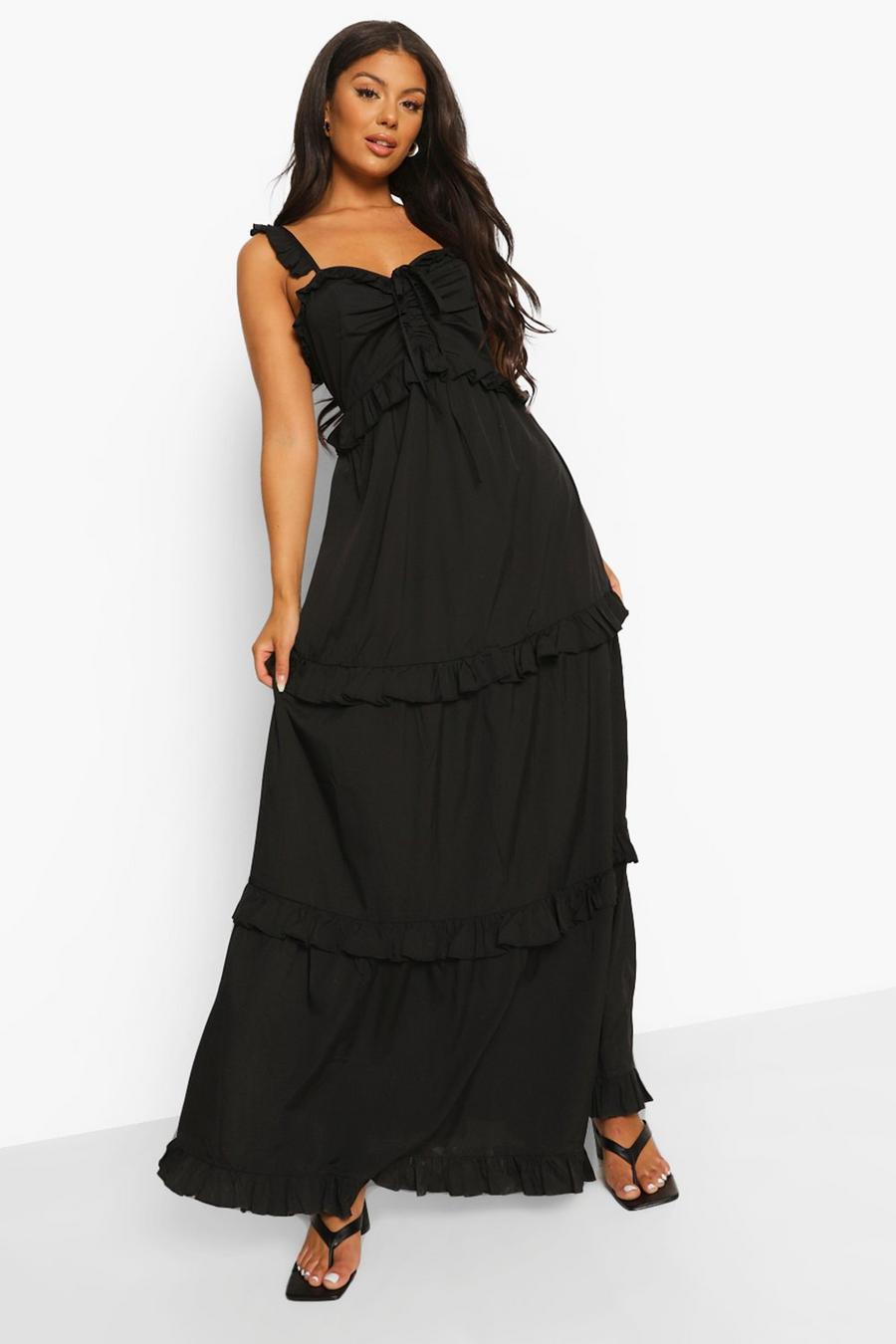 Black Ruffle Detail Strappy Maxi Dress image number 1