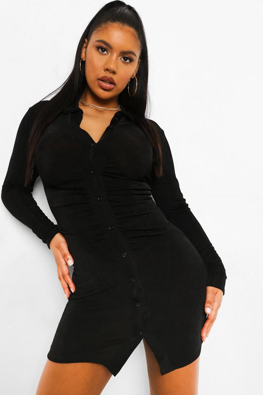 Black Textured Slinky Gathered Shirt Dress image number 1