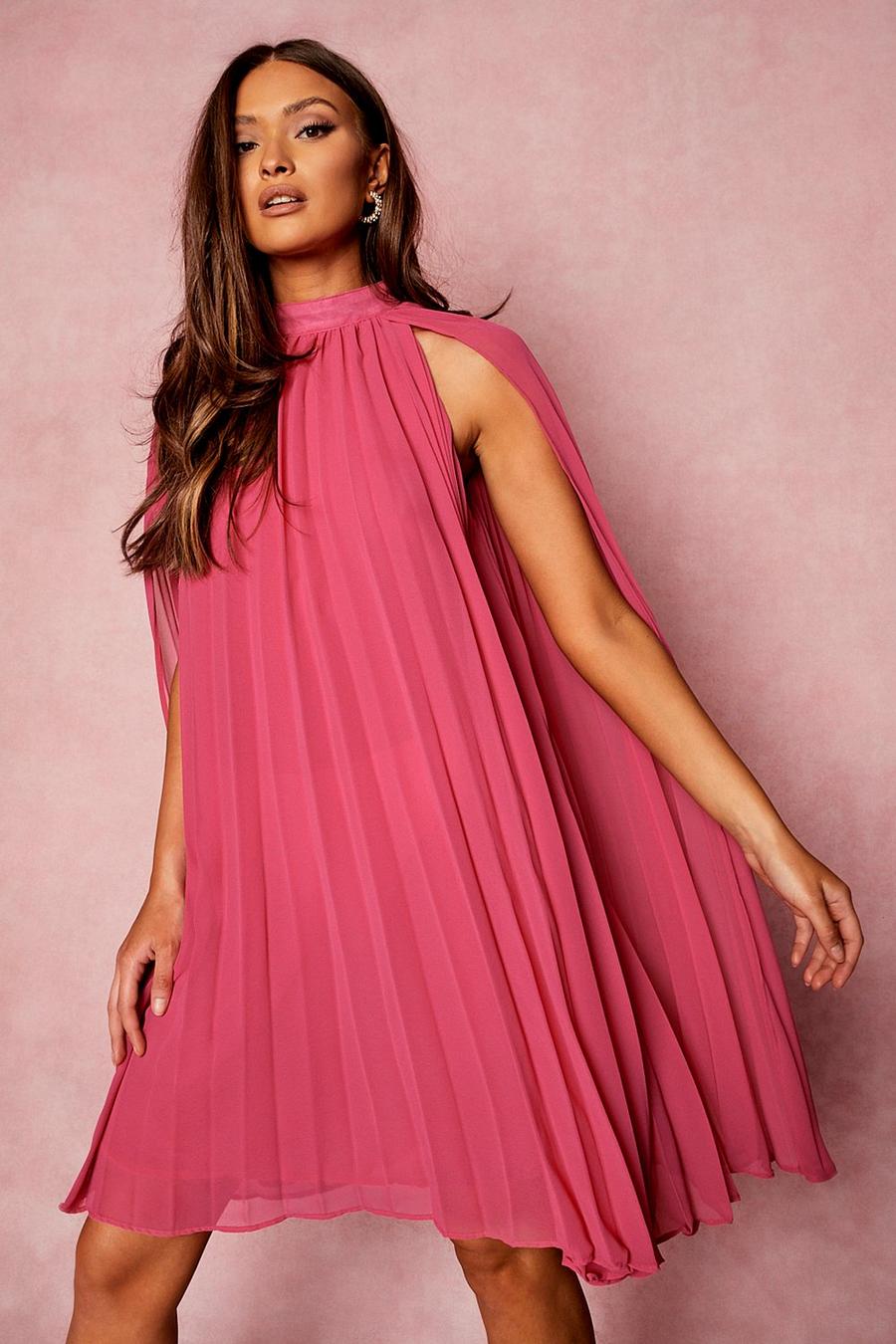 Raspberry pink Pleated Cape Swing Dress image number 1