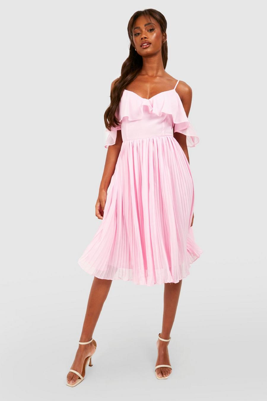 Blush rosa Cold Shoulder Ruffle Midi Bridesmaid Dress