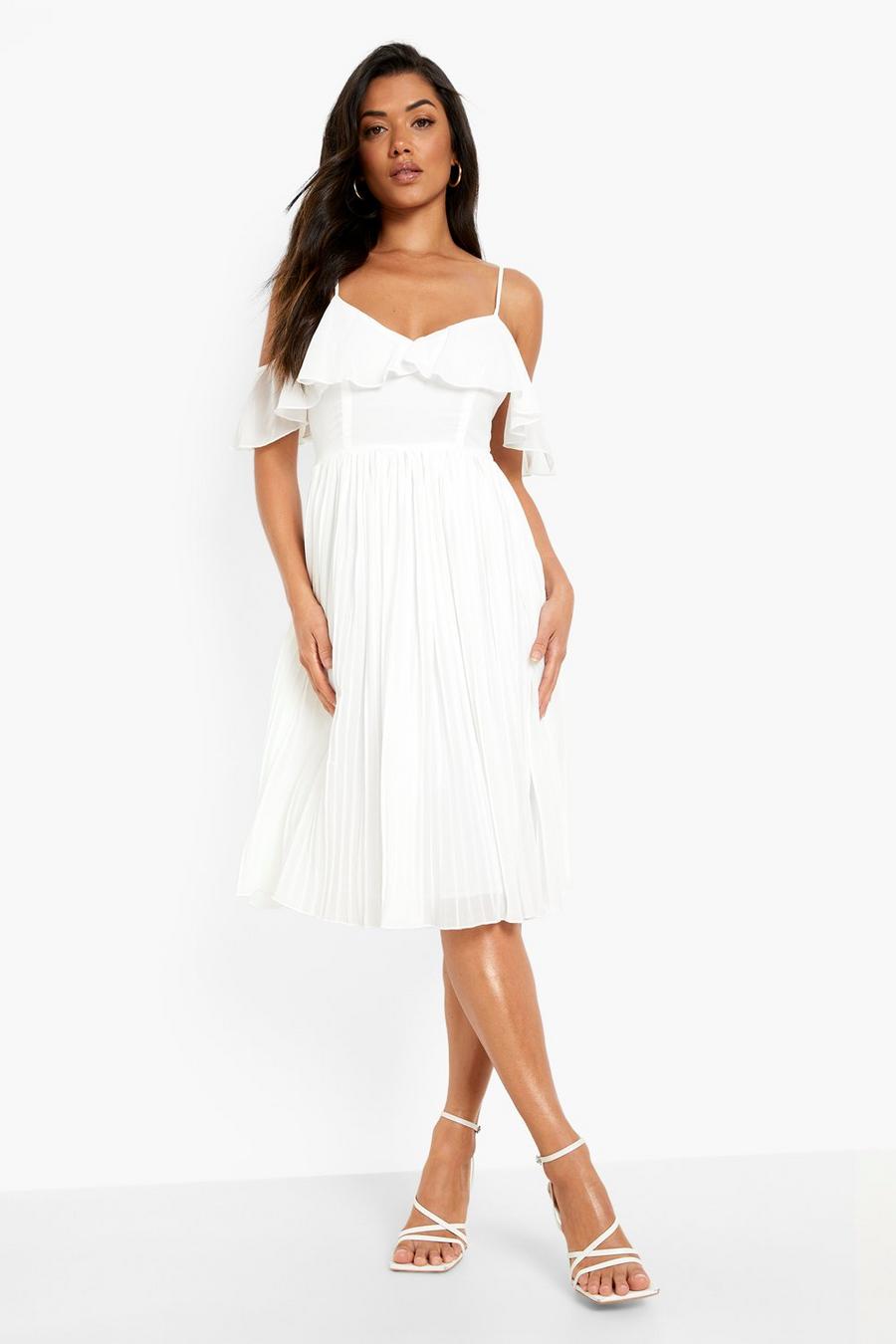 Ivory white Cold Shoulder Ruffle Midi Bridesmaid Dress