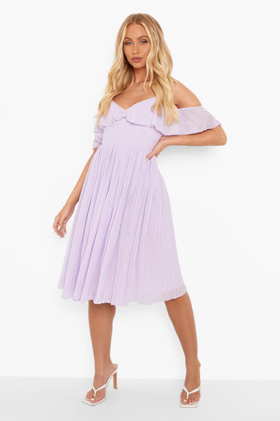 Lilac purple Cold Shoulder Ruffle Midi Bridesmaid Dress