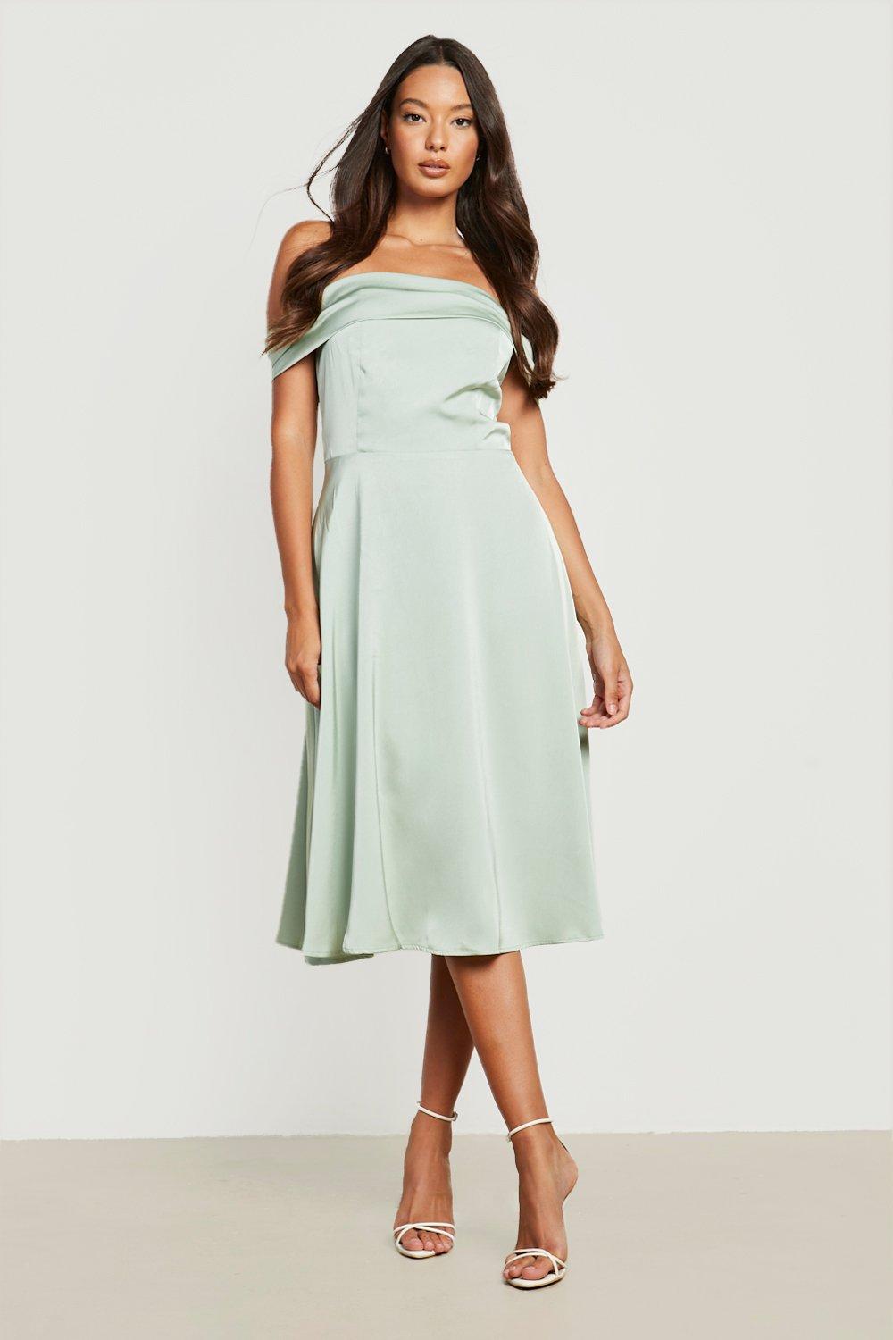 Satin Off The Shoulder Drape Midi Dress | boohoo USA