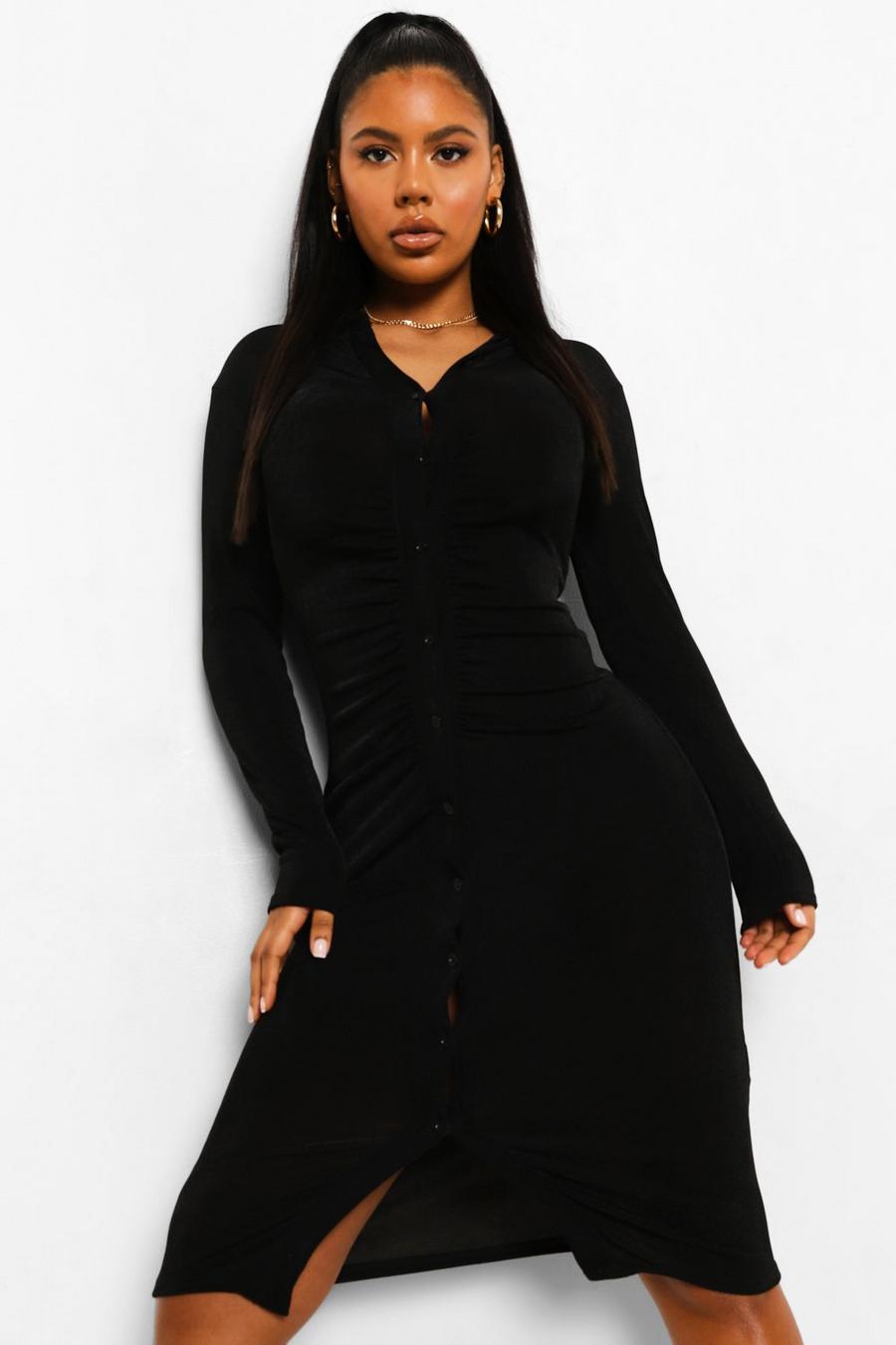 Black Textured Slinky Gathered Midi Shirt Dress image number 1