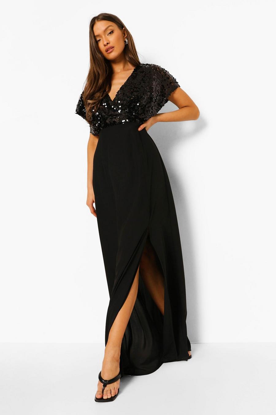 Black Sequin Wrap Side Split Maxi Dress image number 1