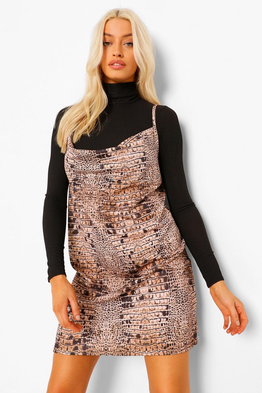 Brown Snake Print Slip Dress With Roll Neck Top image number 1
