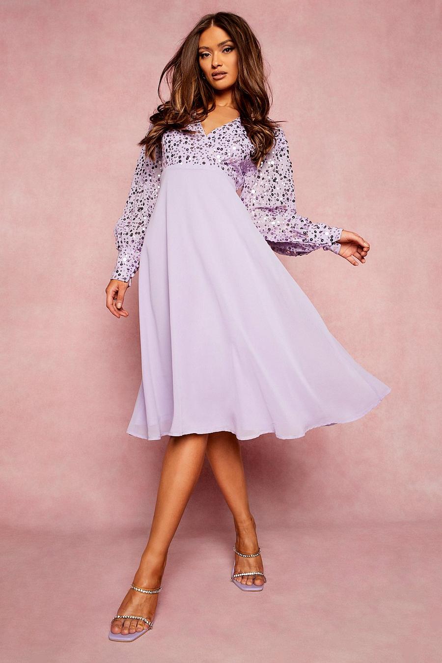 Lilac violett Sequin Wrap Midi Skater Dress image number 1