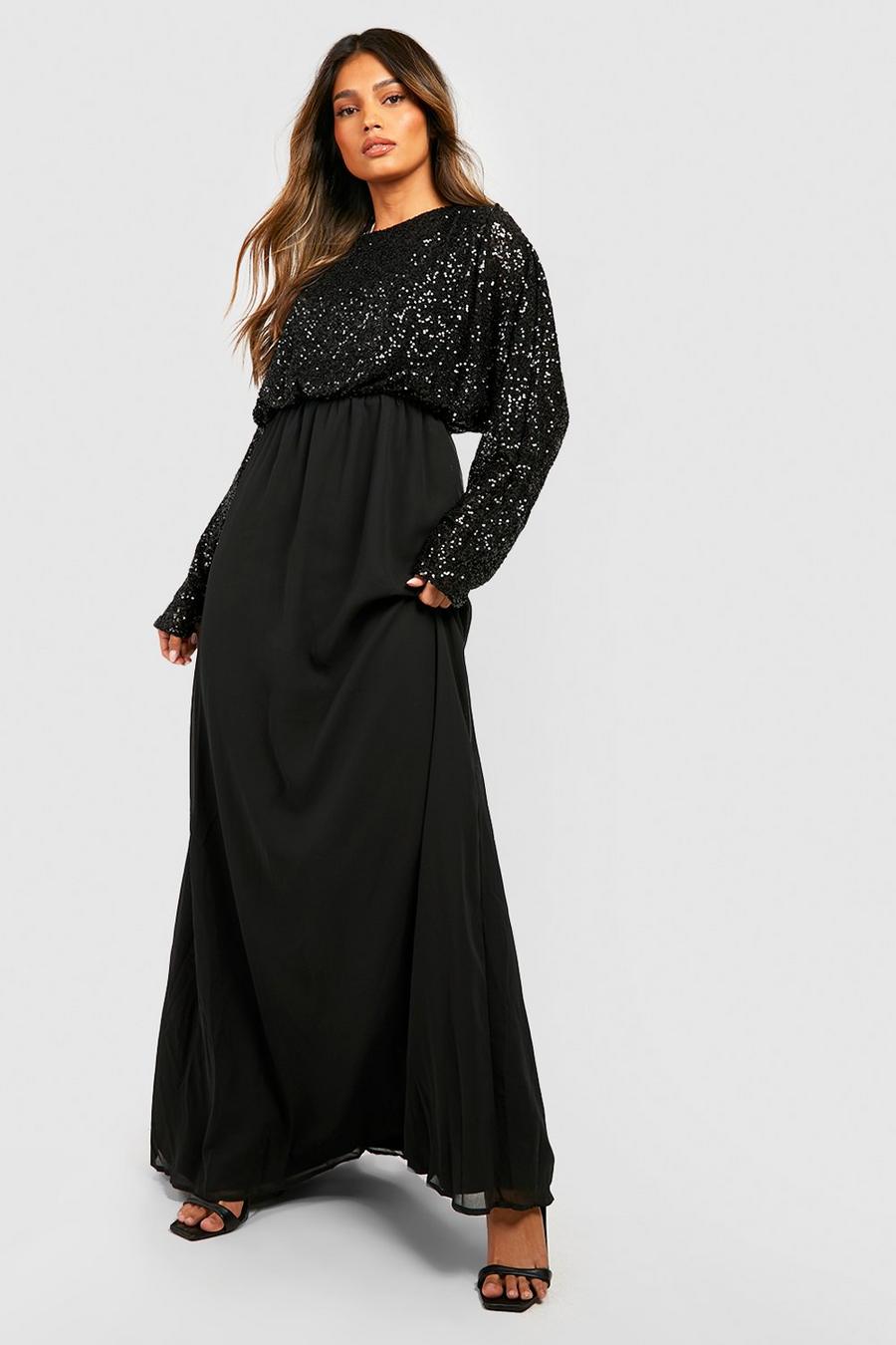 שחור nero שמלת שושבינות מקסי עם שרוולי עטלף ופייטים