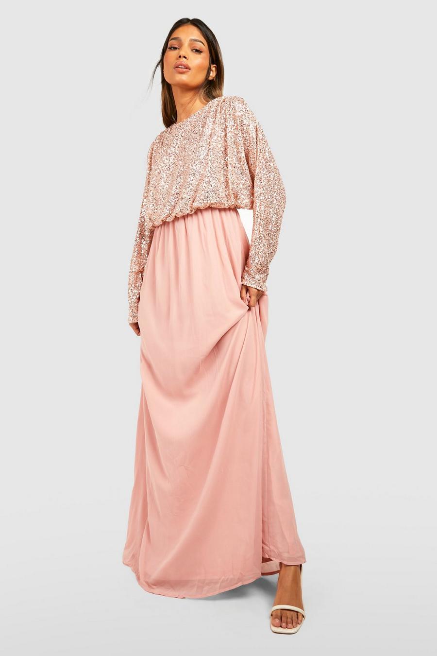 Blush rosa Sequin Batwing Maxi Bridesmaid Dress