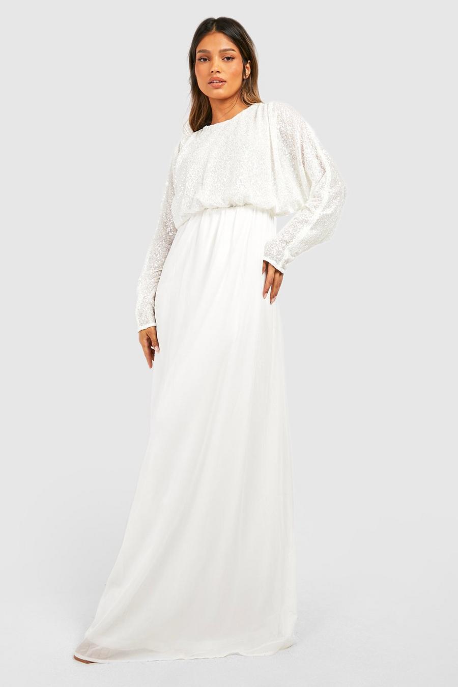 White Långklänning med paljetter och fladdermusärm image number 1