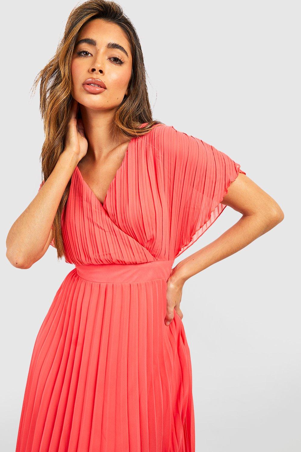 Coral pleated shop midi dress