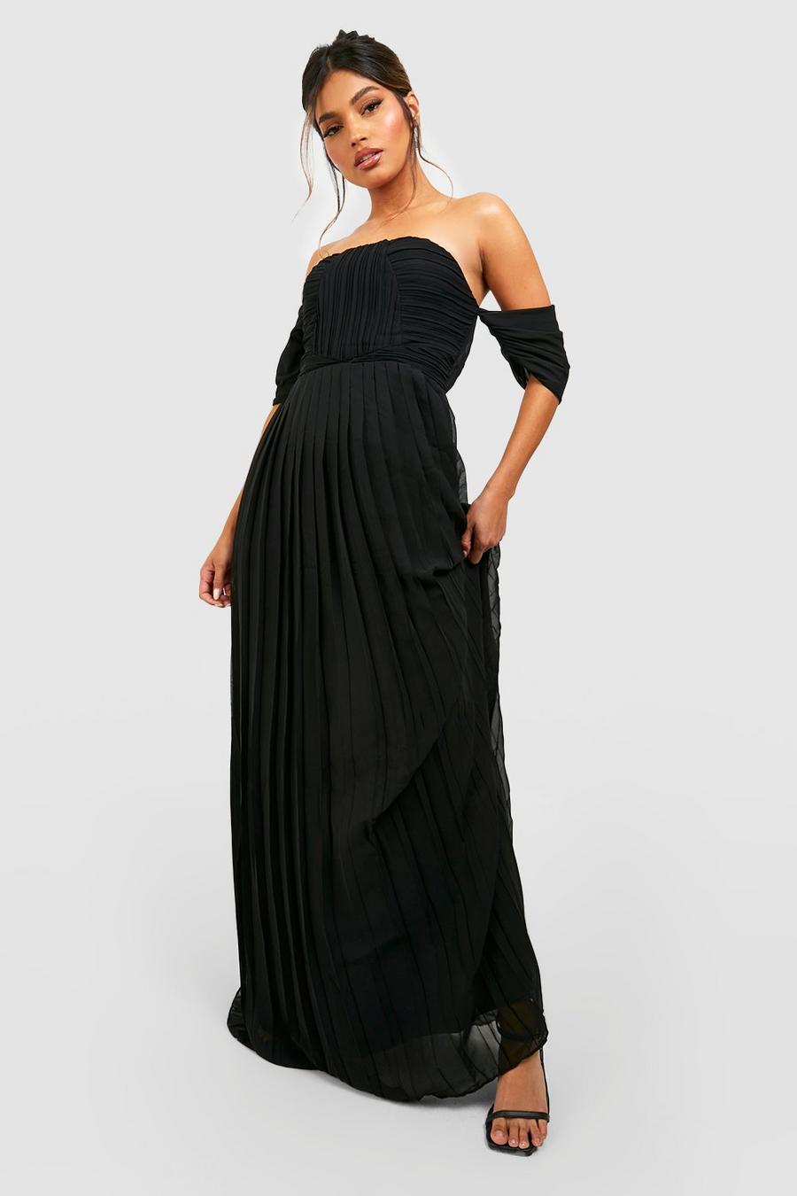 Black svart Pleated Bardot Bridesmaid Maxi Dress