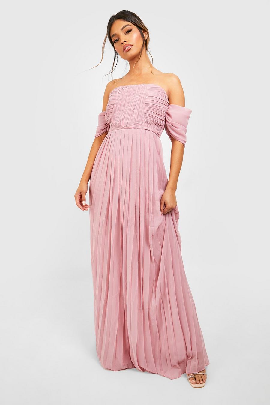 Blush rose Pleated Bardot Bridesmaid Maxi Dress