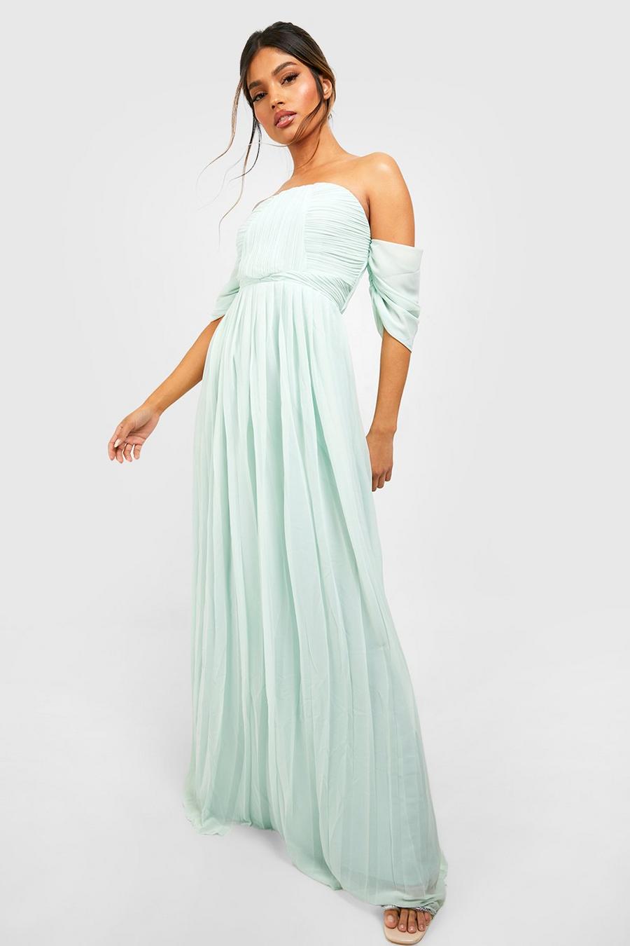 Mint Pleated Off The Shoulder Bridesmaid Maxi Dress image number 1