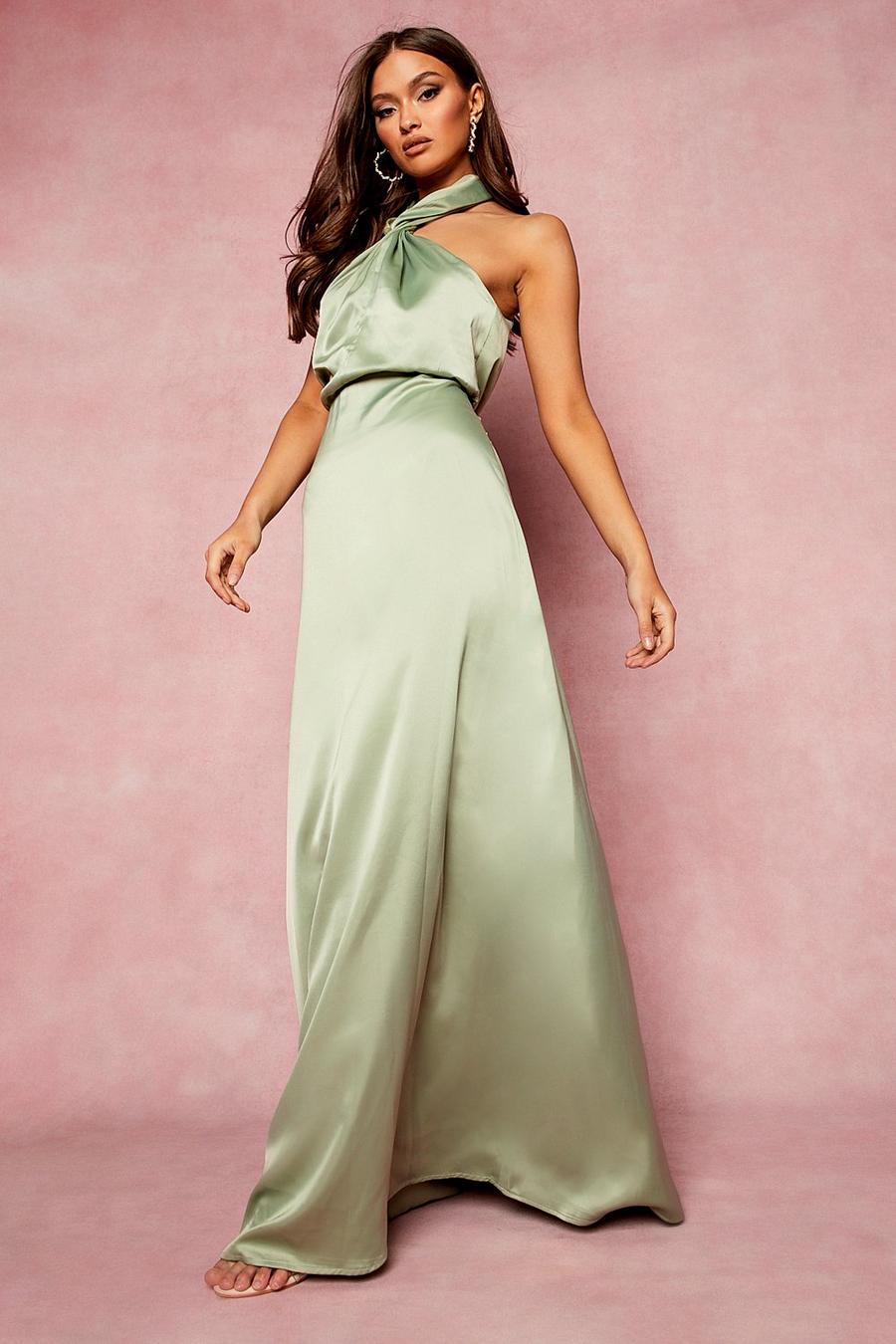Sage Satin Halterneck Twist Maxi Bridesmaid Dress image number 1
