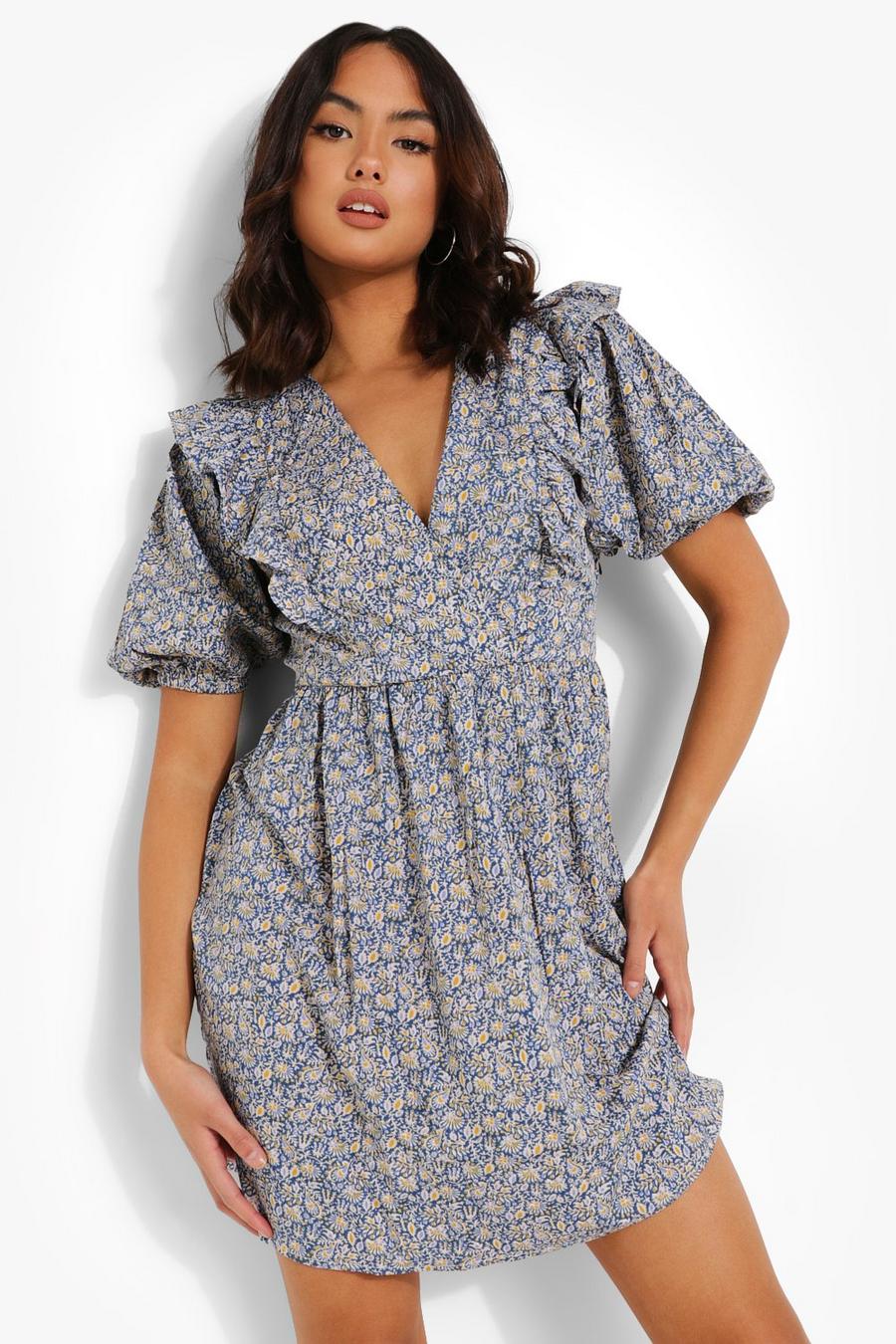Blue Puff Sleeve Floral Print Cotton Mini Dress image number 1